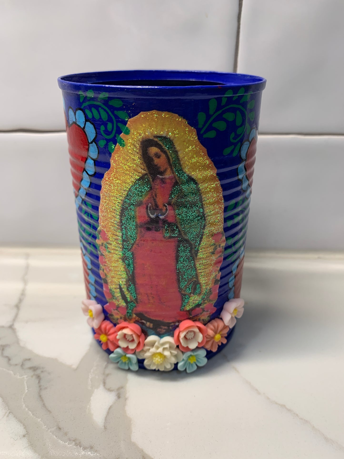 Blue upcycled virgencita tin with flowers