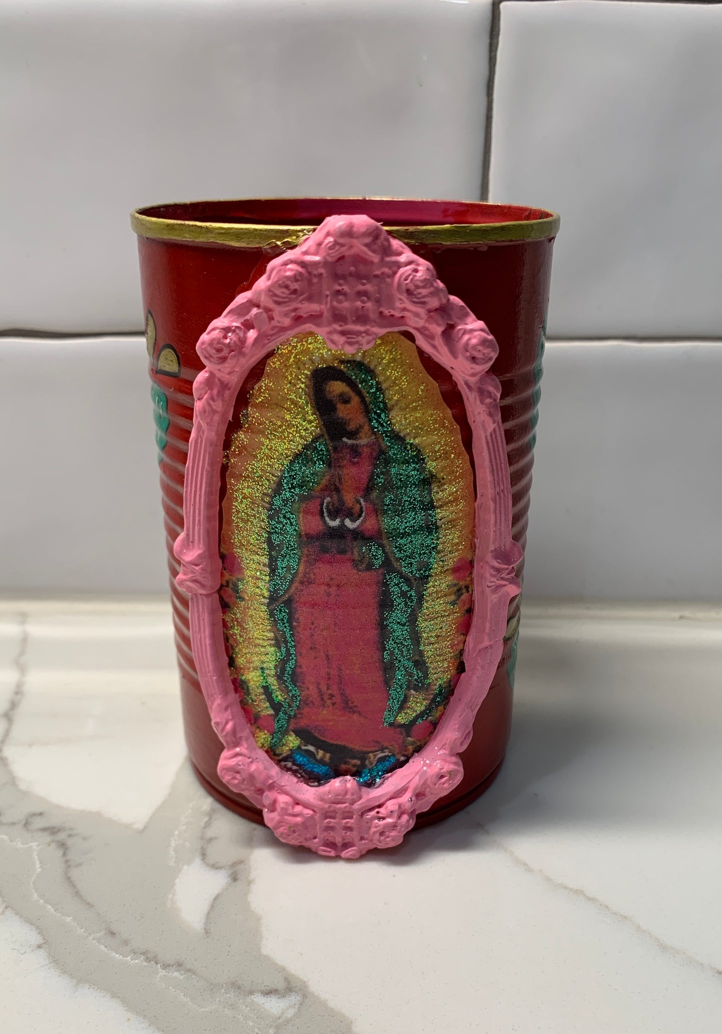 Red virgencita tin with pink frame