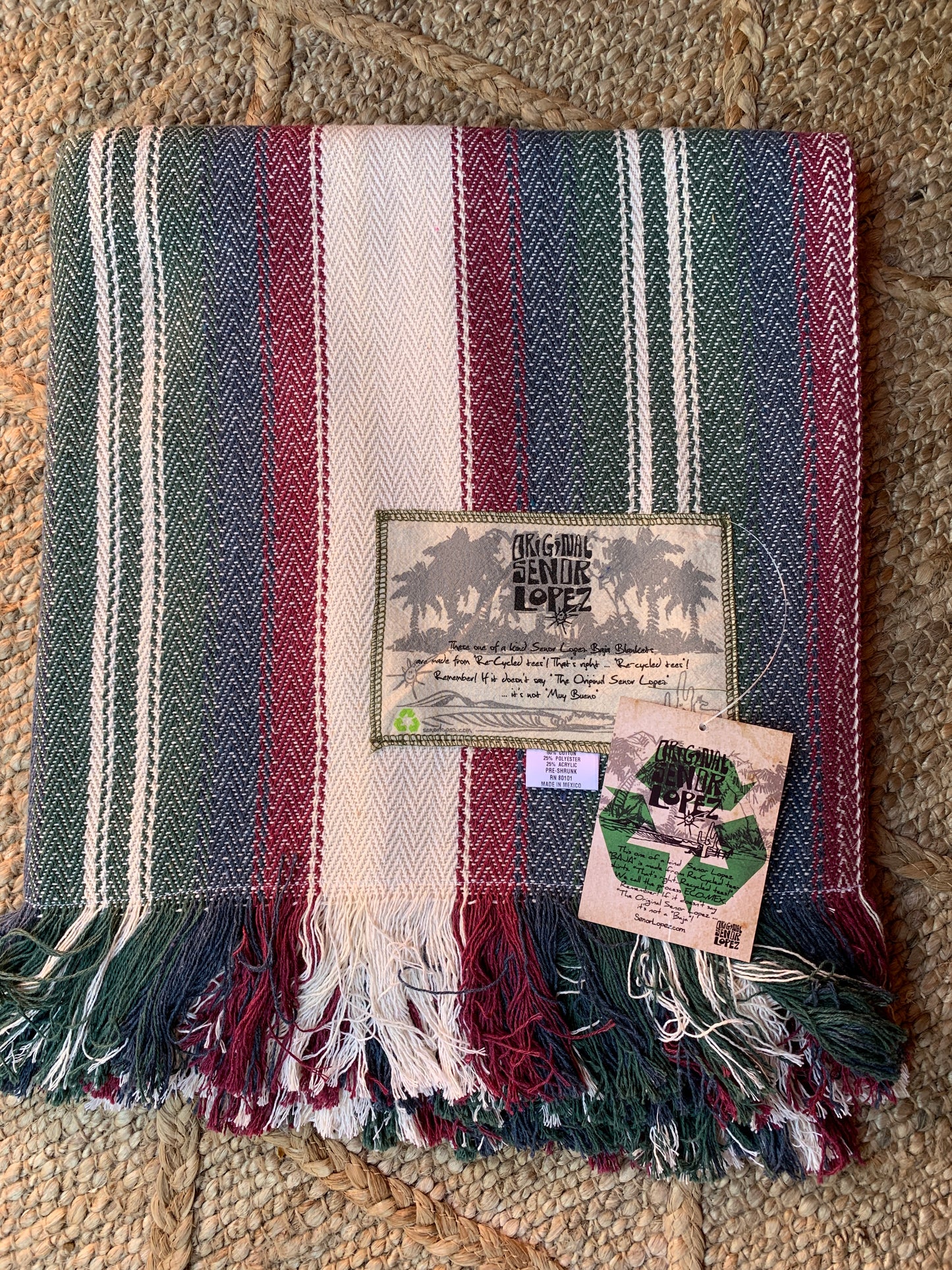 Señor Lopez Beach Blanket (Ivory, Burgundy, Navy, & Green Stripes)