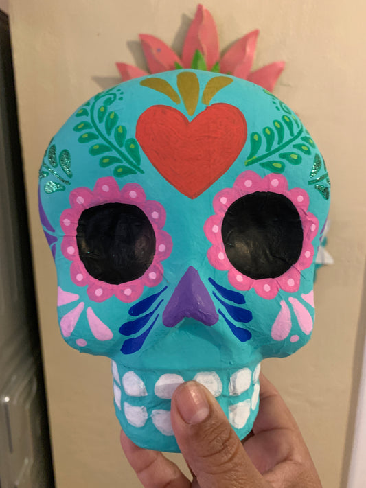 Paper Mache Sugar Skull (Tiffany Blue with Glitter)